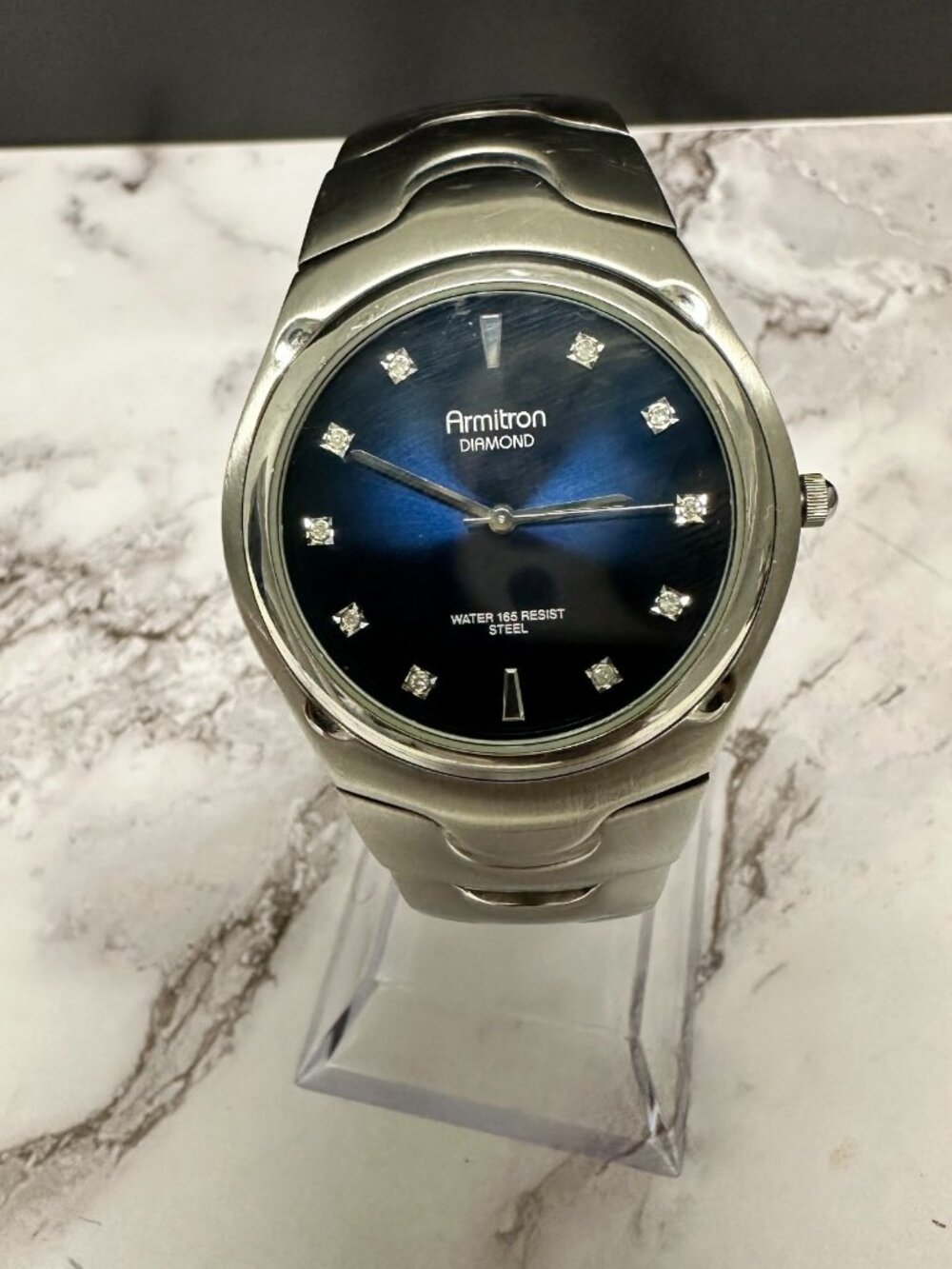 Armitron Watch Men Silver Tone Blue Dial 37MM Diamond Markers New Battery 7.75